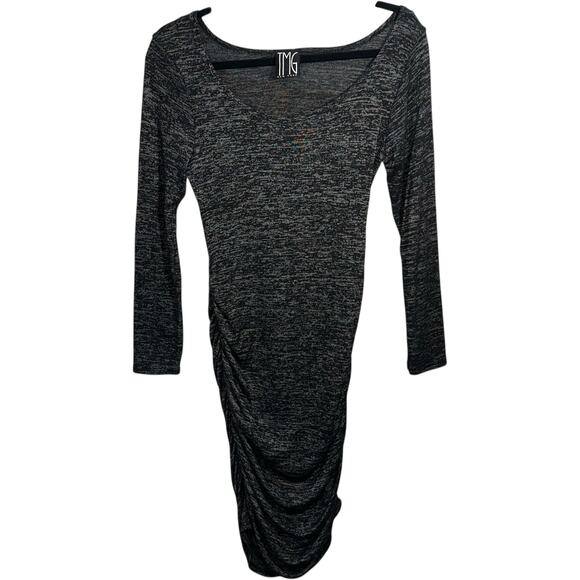 Heather Black Ruched Bodycon Dress Womens SZ L Coquette Long Sleeve Soft Knit - Picture 3 of 9